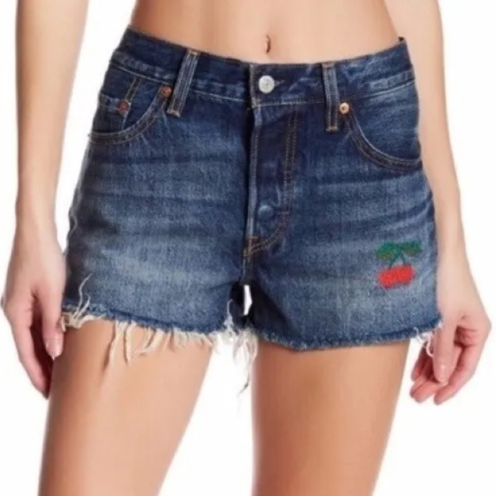 Levi's 501 Womens 26 Cut Off Jean Shorts Button Fly Cherry Embroidery Raw Hem